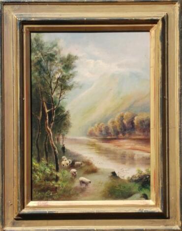 19thC British School. Sheep in river landscape