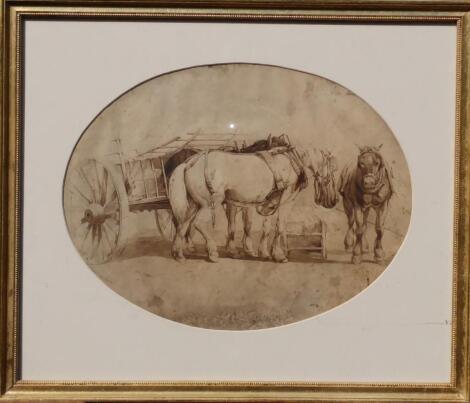 19thC British School. Working horses and cart