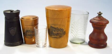 A late 19thC sycamore Mauchline ware shot glass case