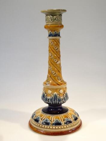 A late 19thC Doulton Lambeth pottery candlestick