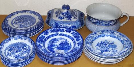 Various early 19thC and later blue and white pottery