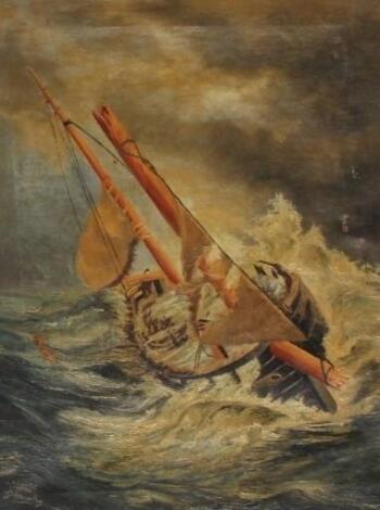 W Roberts (20thC). Boat on rough seas