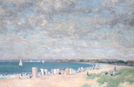 20thC School. Figures on a beach before calm seas with yachts on a summer's day with clouds gatheri