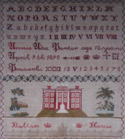 A 19thC Belton House pictorial alphabetic and numeric sampler