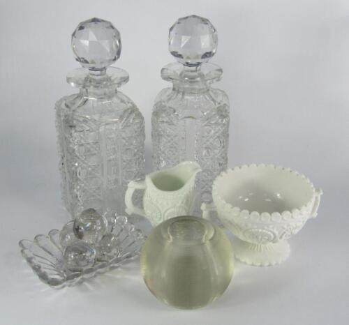 A Victorian white pressed glass cream jug and sugar bowl