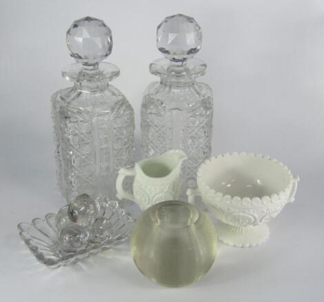 A Victorian white pressed glass cream jug and sugar bowl