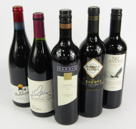 Five bottles of New World red wine