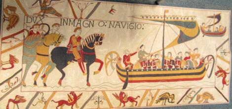 A tapestry wall hanging section of The Bayeux Tapestry