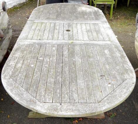 An oval garden table.