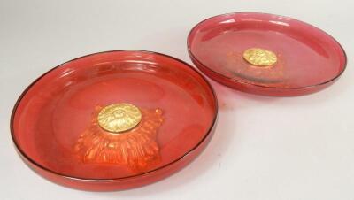 A pair of cranberry tinted tazza