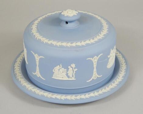 A Wedgwood blue Jasperware cheese dish and cover