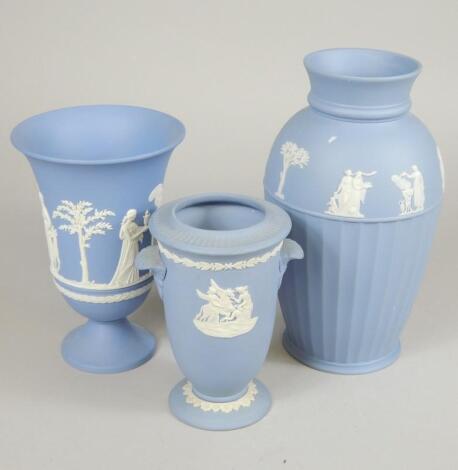 Three Wedgwood blue Jasperware vases