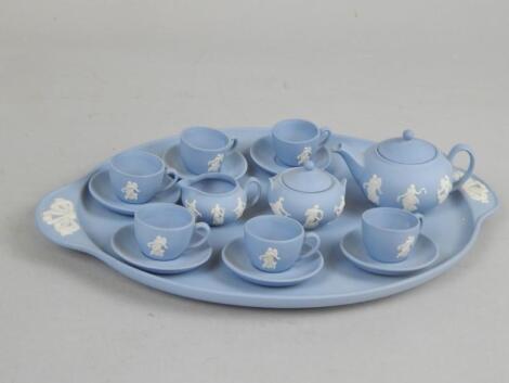 A Wedgwood blue Jasperware miniature part tea set