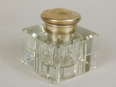 A George V silver and cut glass inkwell