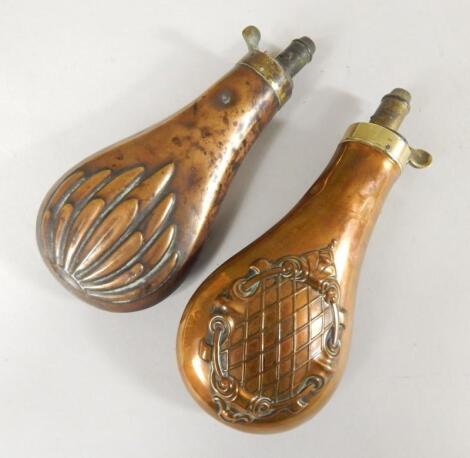 Two 19thC copper and brass powder flasks.