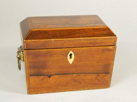 A George IV rosewood and boxwood strung sarcophagus shaped tea caddy