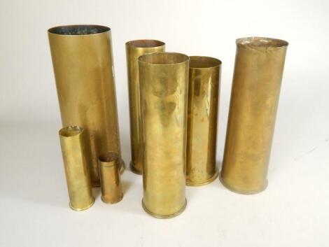 Trench Art. A collection of seven late 19thC / early 20thC brass artillery shells