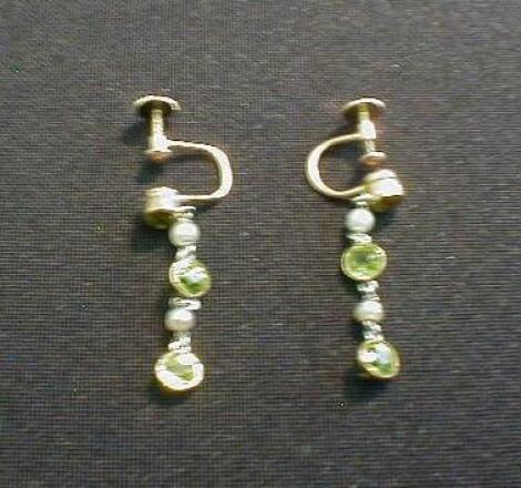 A pair of peridot and seed pearl drop ear-rings