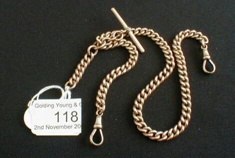 A 9ct rose gold heavy curb link watch chain with "T" bar and swivels