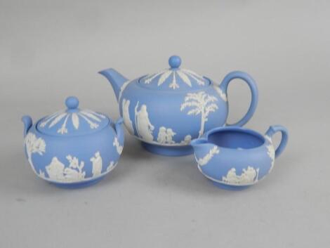 A Wedgwood blue Jasperware three piece tea set.