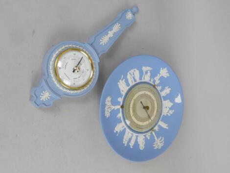 Two Wedgwood blue Jasperware barometers