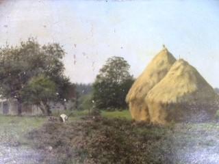 RG (19thC School). Farm hand in a field before hay stack