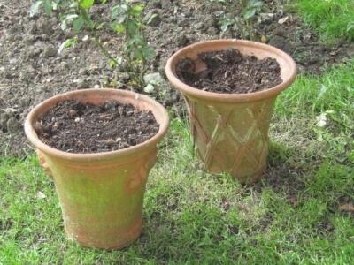 Two pairs of circular terracotta planters