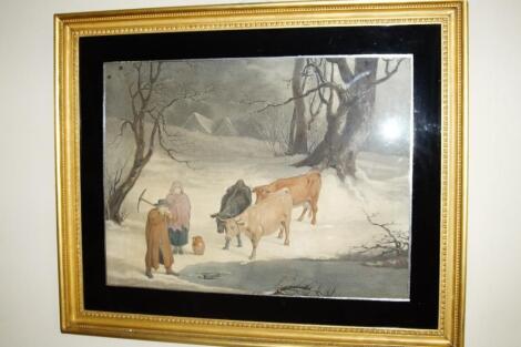 Style of George Morland. Figures in a winter landscape breaking ice