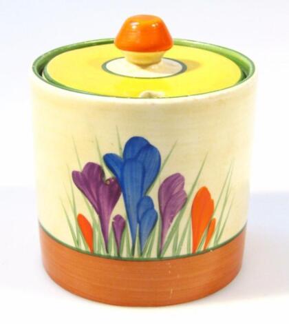 A Clarice Cliff Bizarre crocus pattern preserve jar and cover