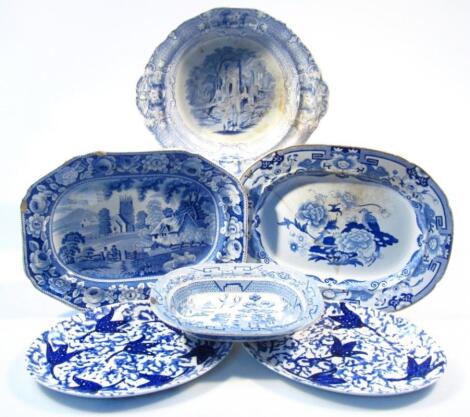 An early 19thC blue and white transfer printed Village Scene pattern meat plate