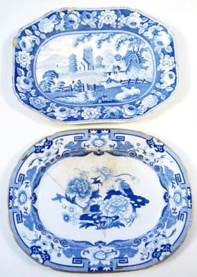 An early 19thC blue and white transfer printed Village Scene pattern meat plate - 3