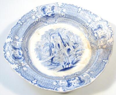 An early 19thC blue and white transfer printed Village Scene pattern meat plate - 4