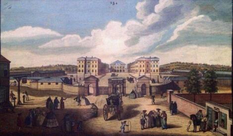 Late 17th/early 18thC Continental School. Palace with courtyard and figures