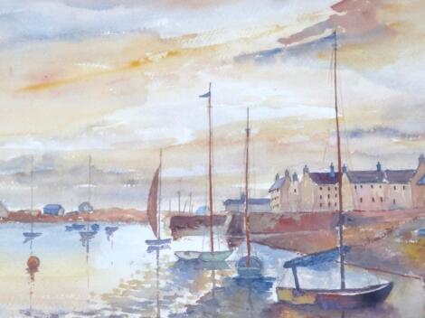 J A Barclay (20thC). Boats on a harbour before cottages on a twilight evening