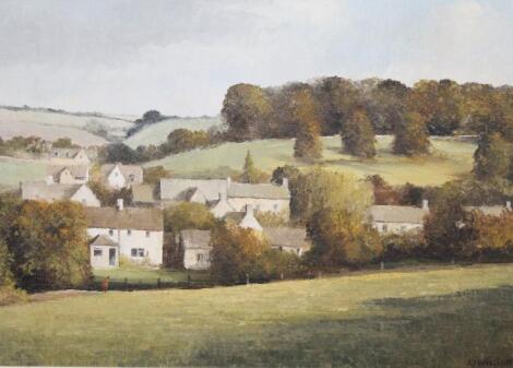 E J Wilson (20thC). Figure before cottages