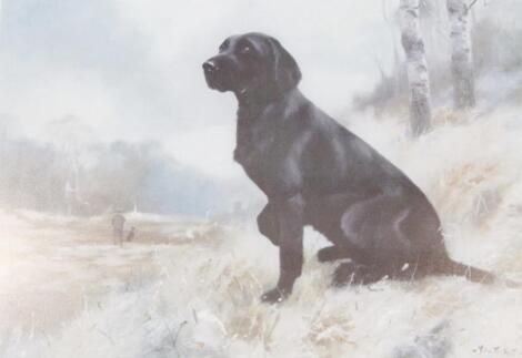 John Trickett (20thC). Black Labrador in a woodland before huntsman and dog