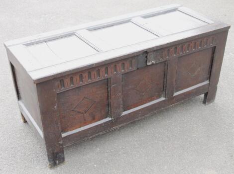 A principally early 18thC oak three panel coffer