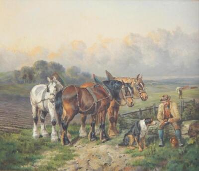 Richard Ansdell (1815-1885). Farmer with sheep dog and working horses in country landscape