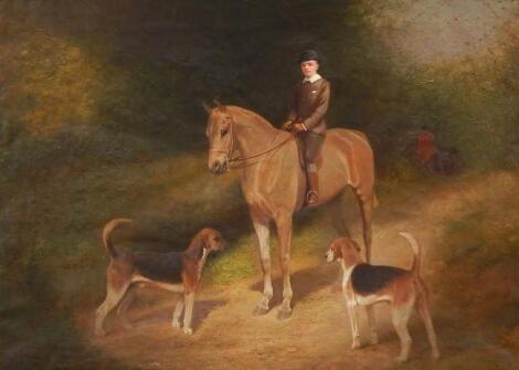 19thC British School. Young gentleman on horseback with hounds