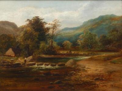 A. Baker (19thC). River landscape with figures