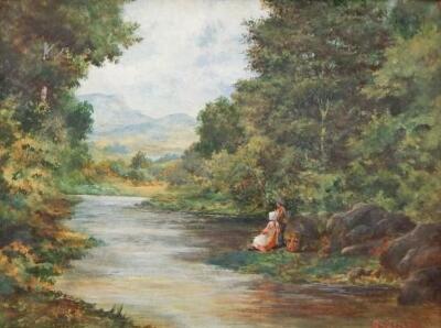 R. Penson (19thC/20thC). Fishing from the bank of the river