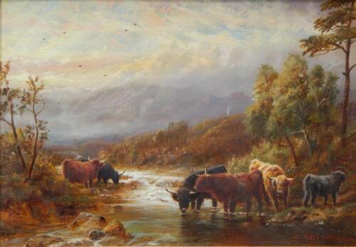 Robert Watson (1865-1916). Highland cattle at a river bank