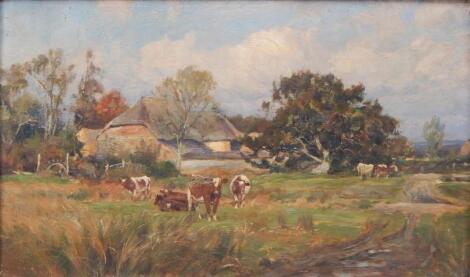 19thC Continental School. Cattle in rural farm landscape