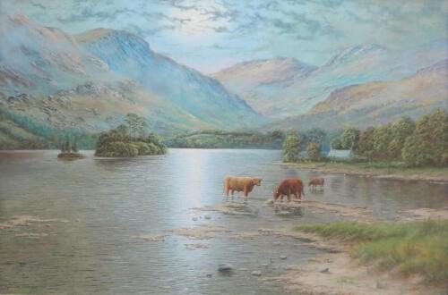 Martin Spencer Coleman (b.1952). Highland cattle in river landscape