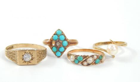 An 18ct gold turquoise and diamond marquis shaped ring