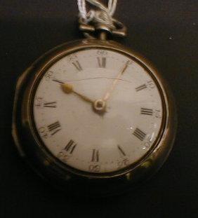 A silver pair cased open face verge pocket watch