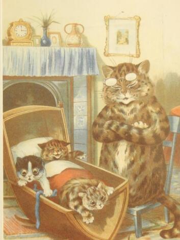 After Louis Wain. Female cat with kittens in a crib