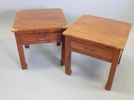 A pair of Eastern hardwood and brass inlaid low tables