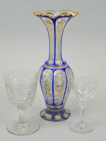 A Bohemian blue flash glass vase