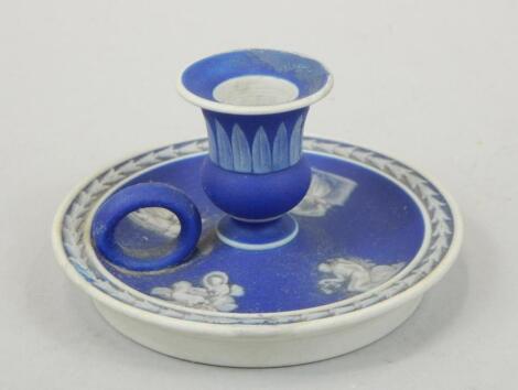 A late 19thC Wedgwood dark blue Jasperware candlestick